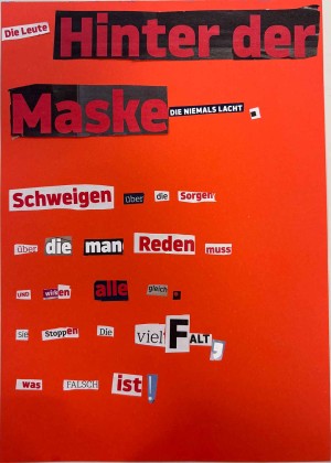 Das Bild zeigt die Gedanken eines Kindes beim Schreiben.